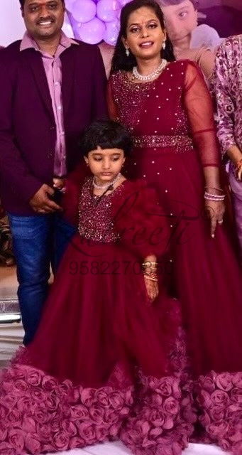Wine hand embroidered gown with flower detailing Twinning for Mother & Daughter