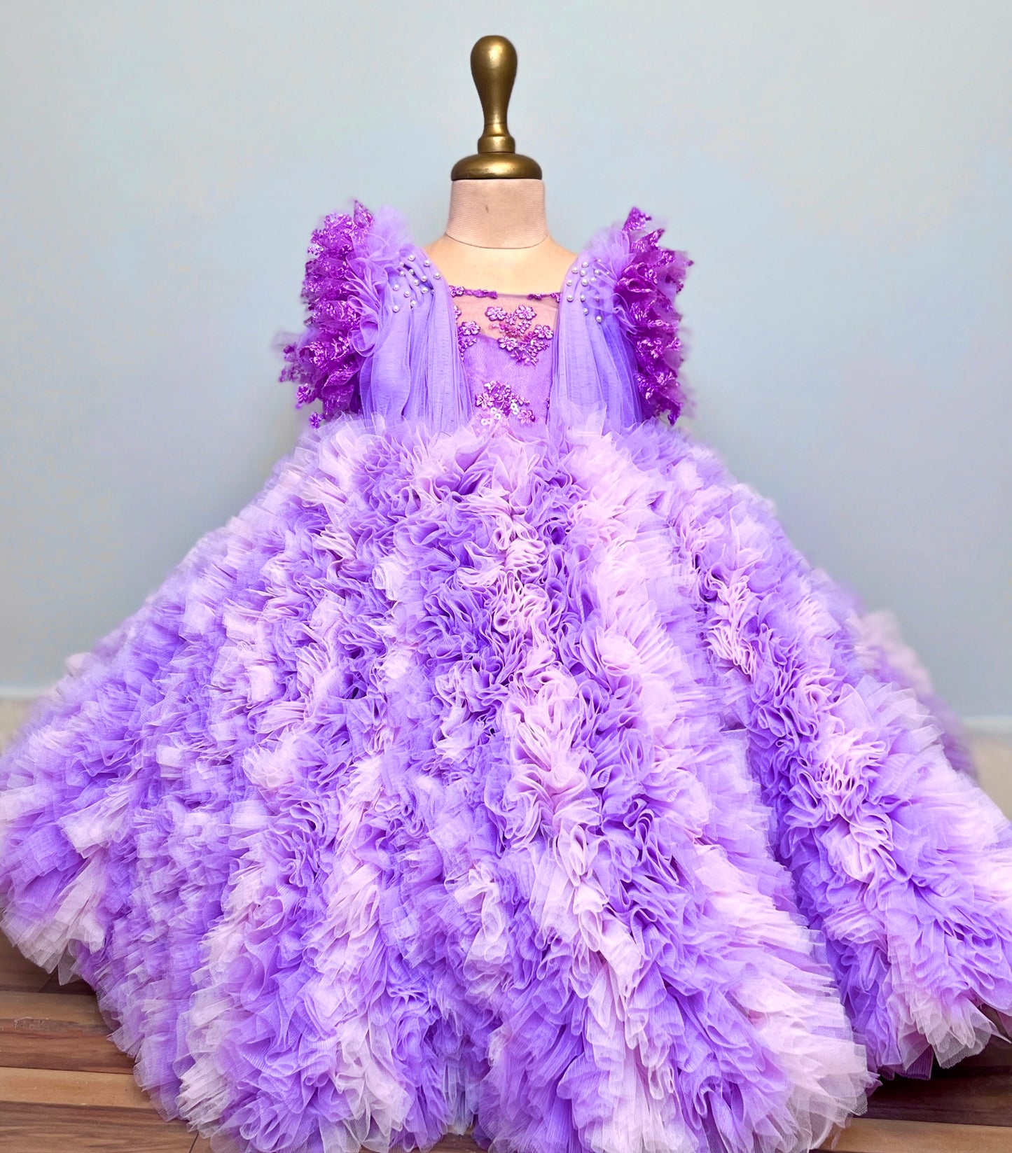 Lavender  baby pink waterfall frill gown with shiffli fabric top