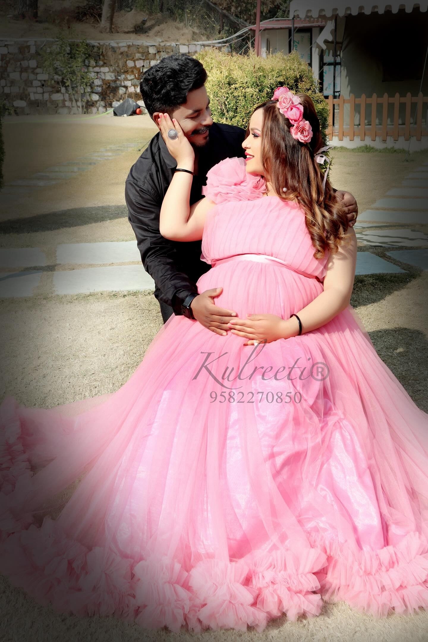 Onion pink Long Frill Gown For Maternity Pre wedding shoot Kulreeti