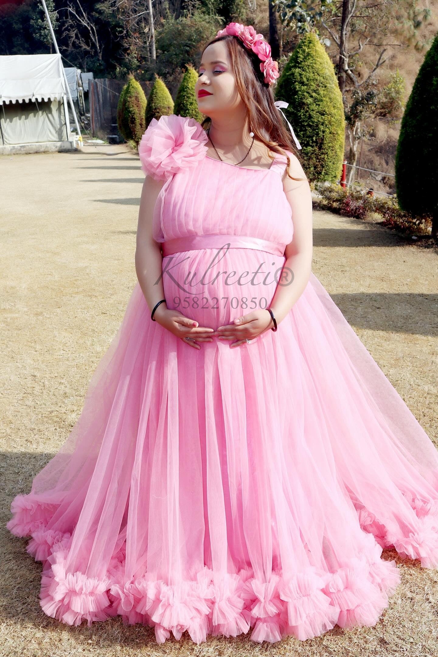 Onion pink  Long Frill Gown For Maternity /Pre-wedding shoot