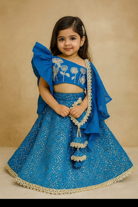 Teal Blue Embroidered One Shoulder Stylish Top With Lehenga and Dupatta