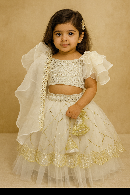 white sequin work blouse with net gota work  lehenga