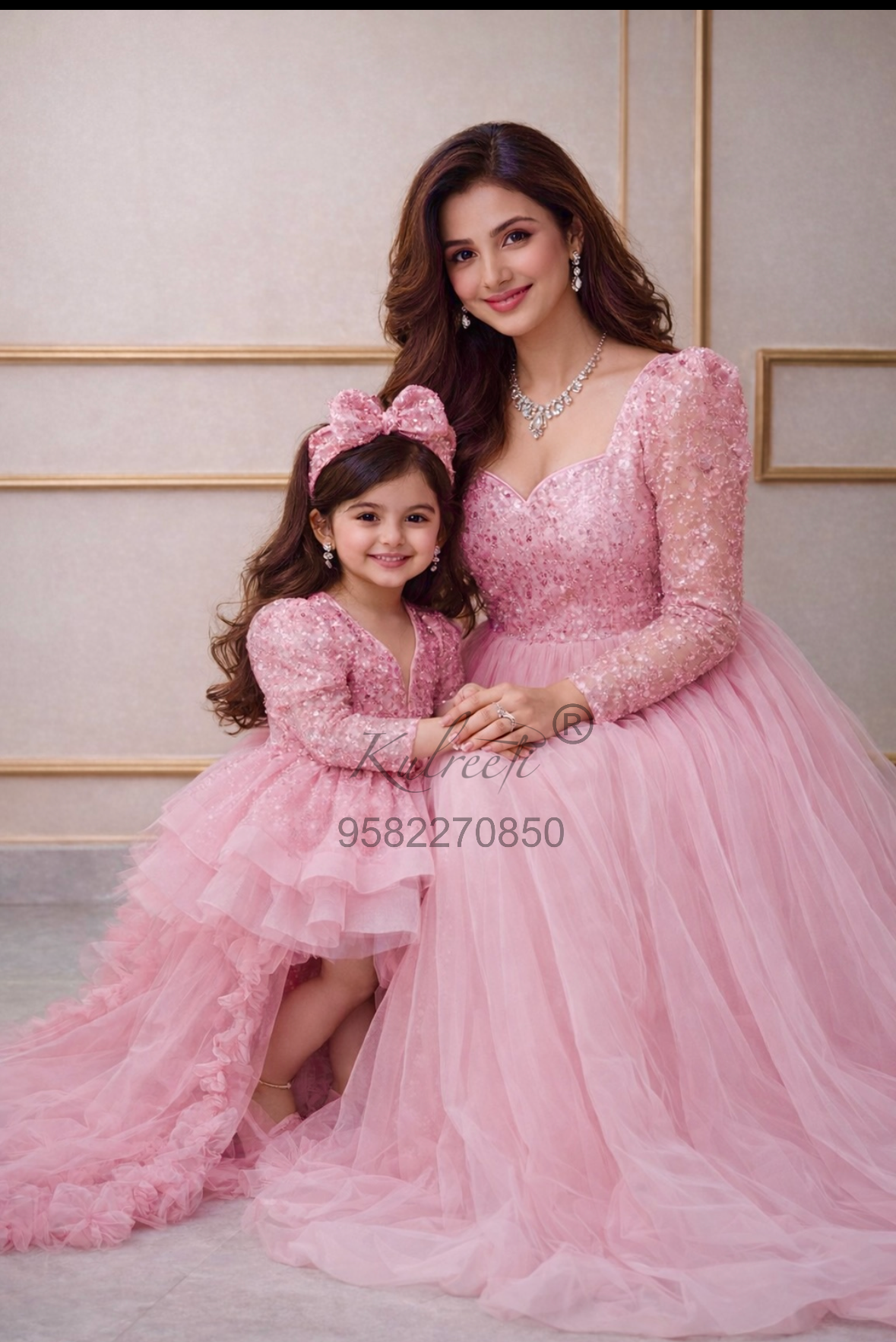 Onion Pink sequin pearl Gown trail  and wings  Twinning For Mother & Daughter