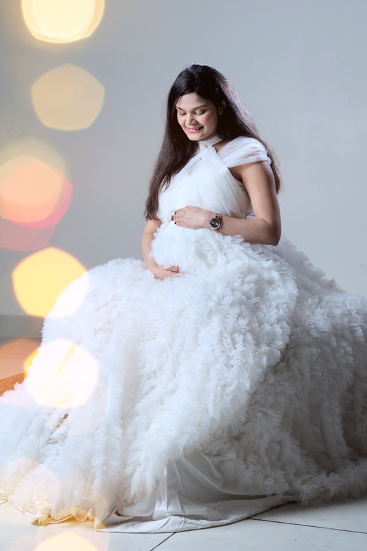 White Long Frill Gown For Maternity /Pre-wedding shoot