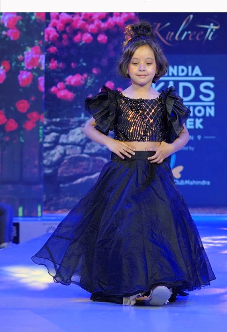 Black sequin work  blouse with unique style organza lehenga