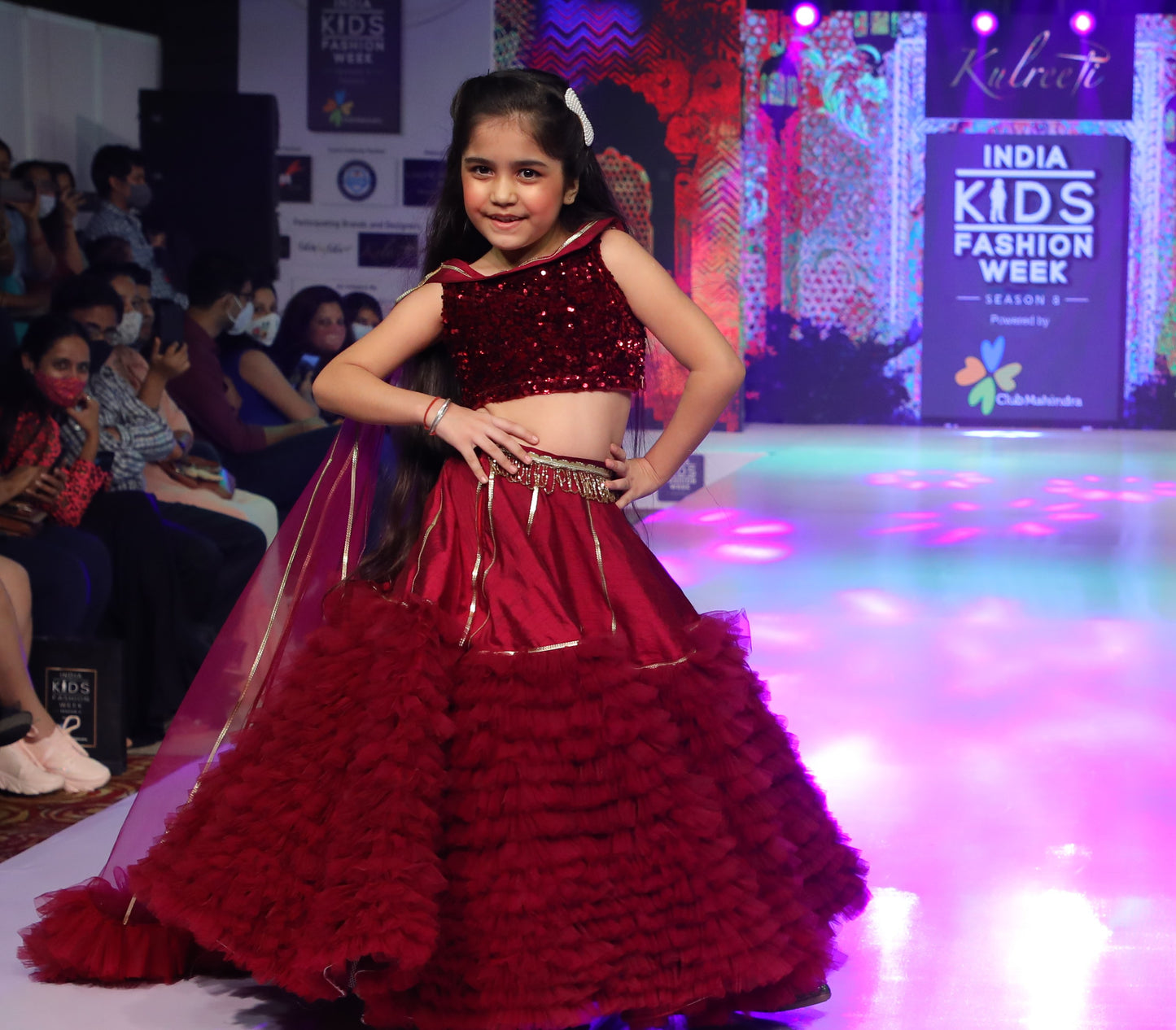 Maroon sequin blouse Top With frill and silk base Lehenga and Dupatta