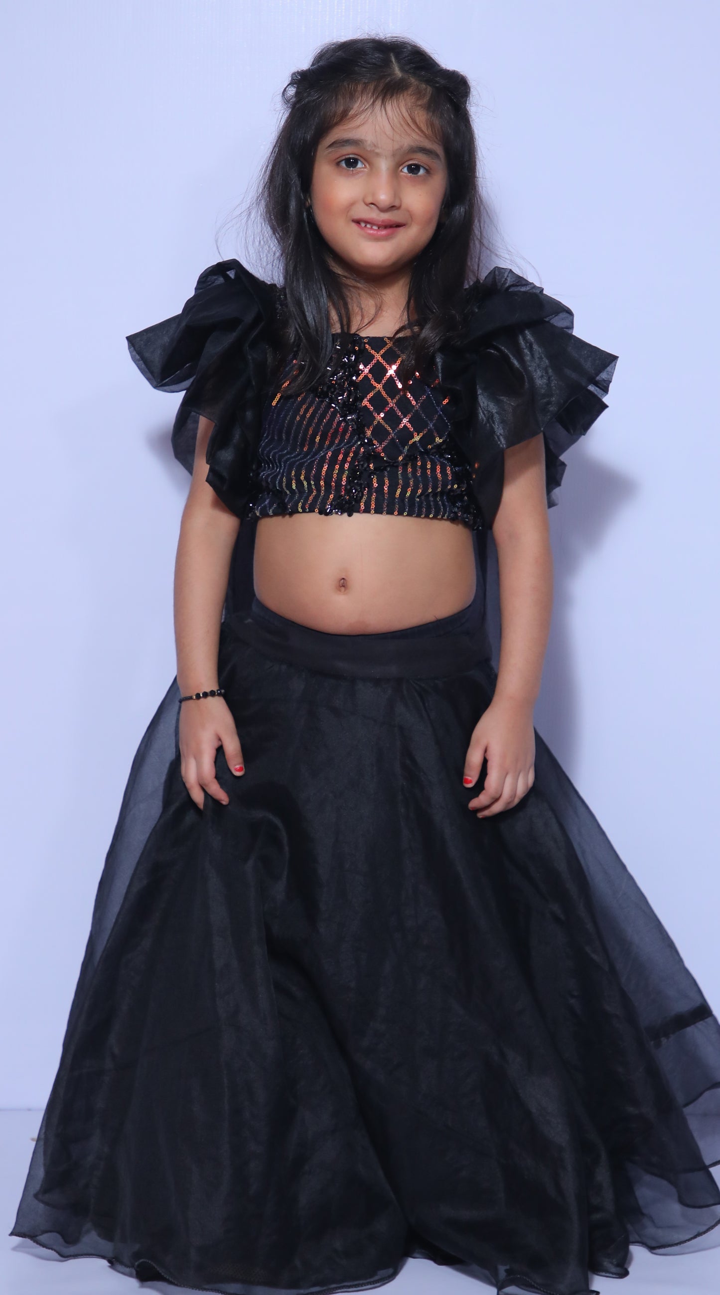 Black sequin work  blouse with unique style organza lehenga