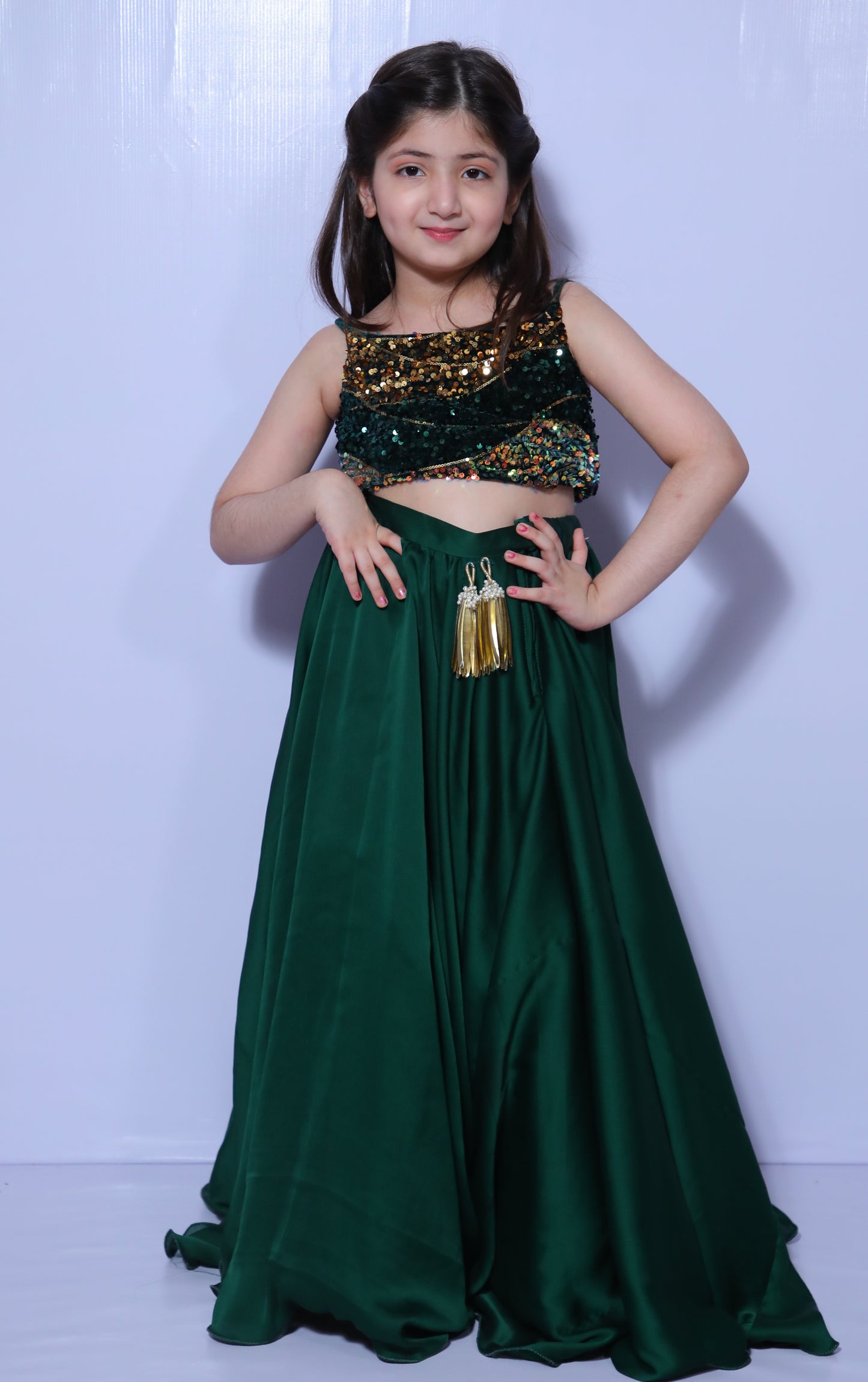 Bottle green sequin  embroidered blouse with unique style crepe satin lehenga