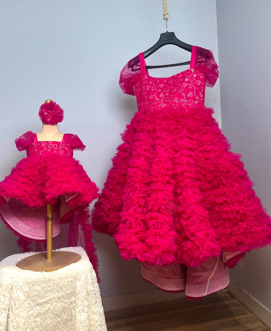 Hot pink unique frill gown with embroidered top Twinning For Mother & Daughter (2 Pcs Combo)