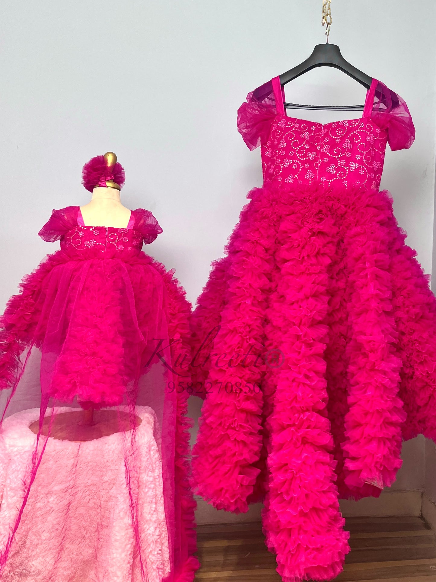 Hot pink unique frill gown with embroidered top Twinning For Mother & Daughter (2 Pcs Combo)