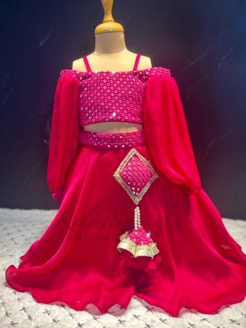 Hot pink sequin work  blouse with unique style satin crape lehenga