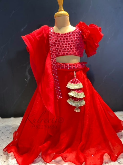 Red sequin work blouse with organza lehenga