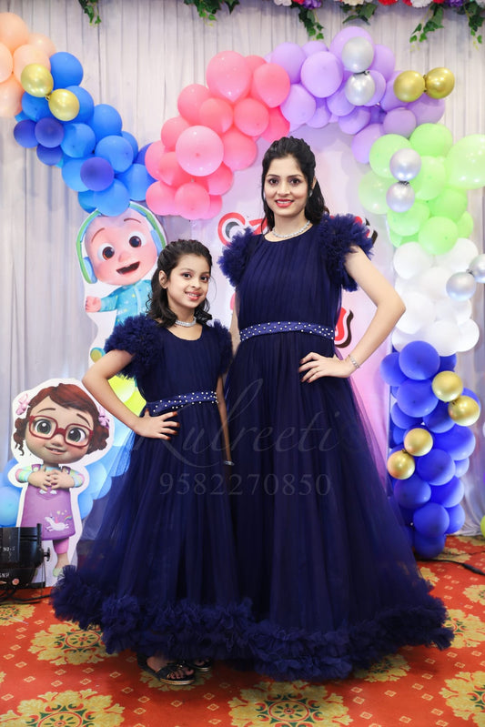 Navy Blue Net Frill Twinning For Mother & Daughter