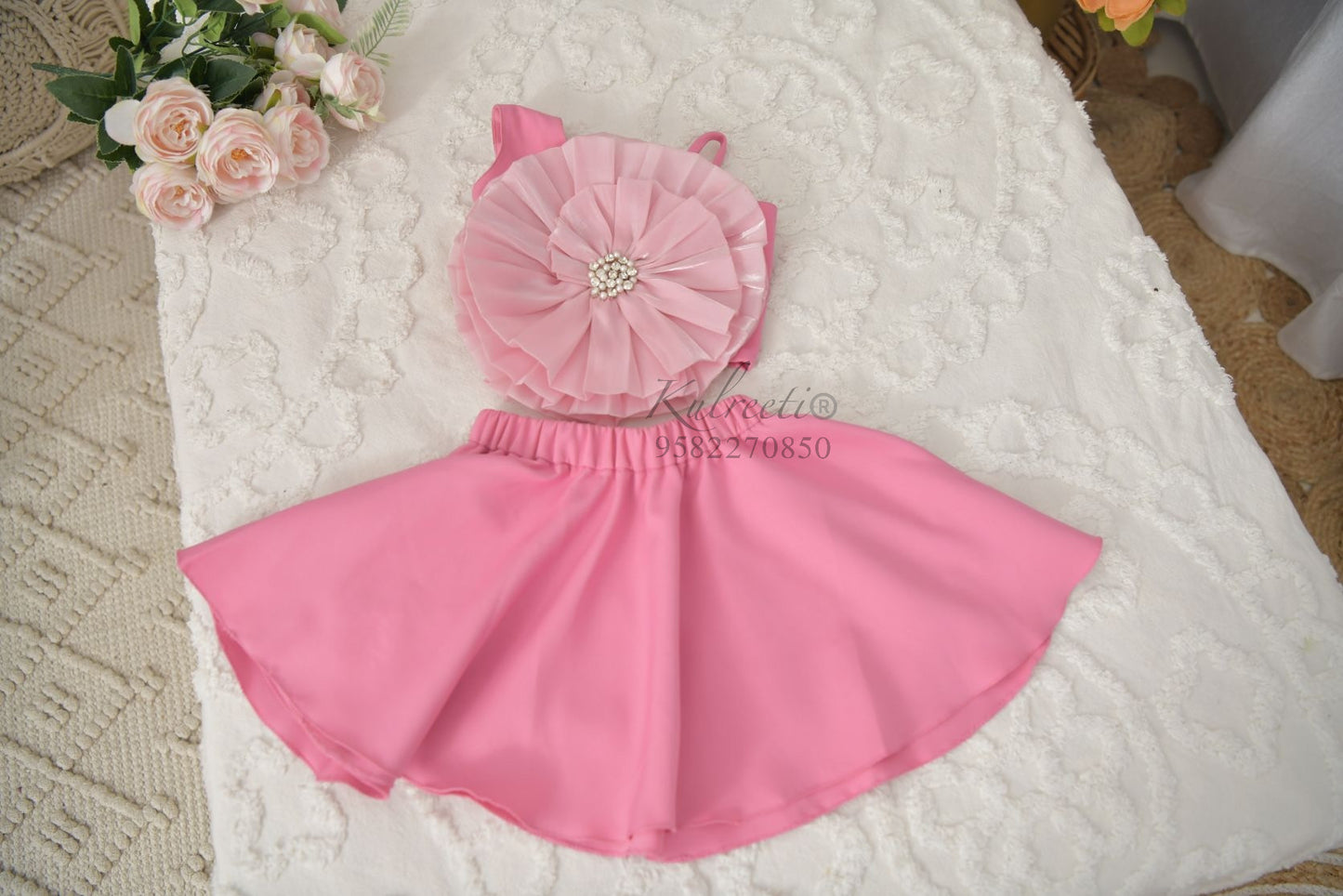 Casual Organza Flower With Stone Work Top With Skirt