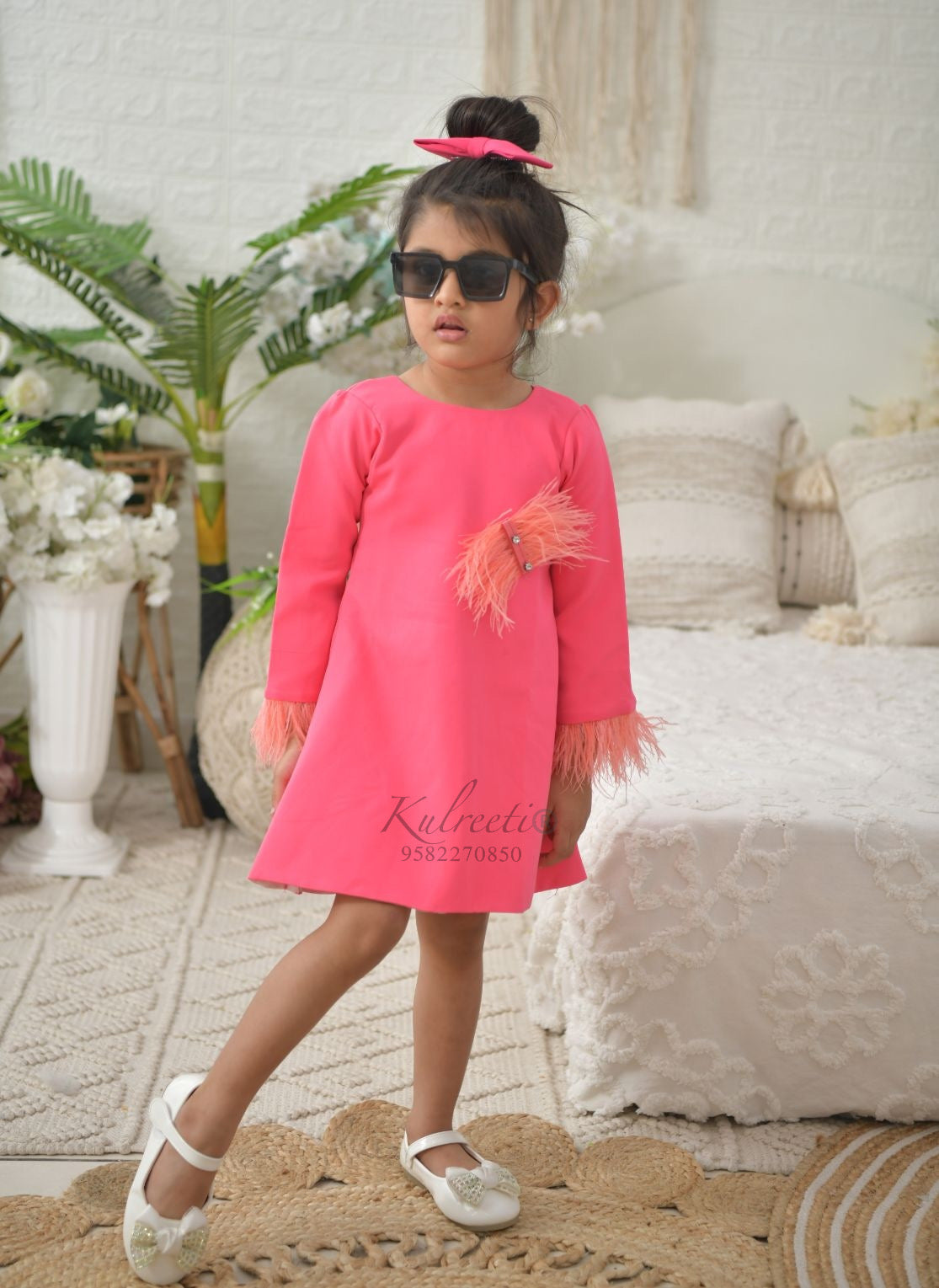 Casual Neon Pink Dress With Fur Detailing