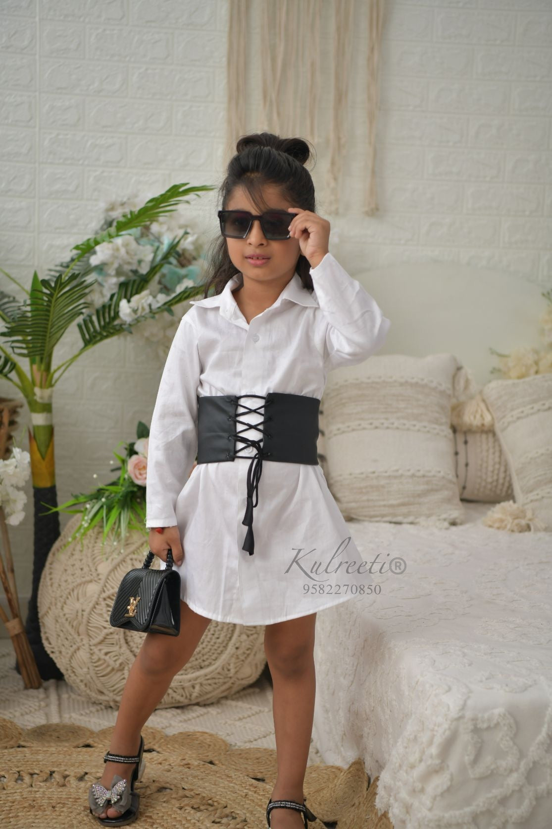 Casual Cotton Shirt Dress With Black Faux Leather Belt