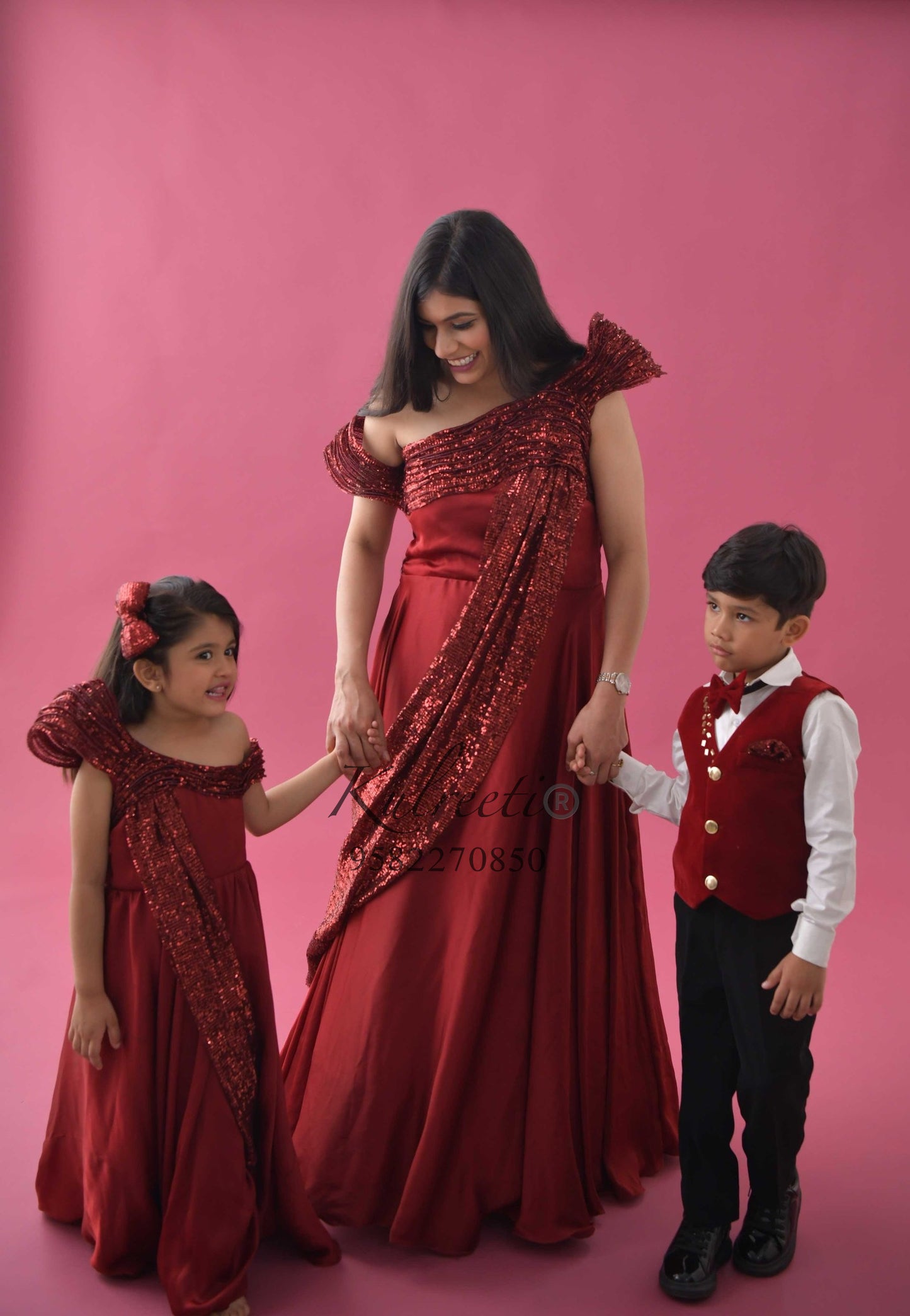 Maroon Chiffon Satin Gown Twinning for Mother/daughter/son(single or combo)