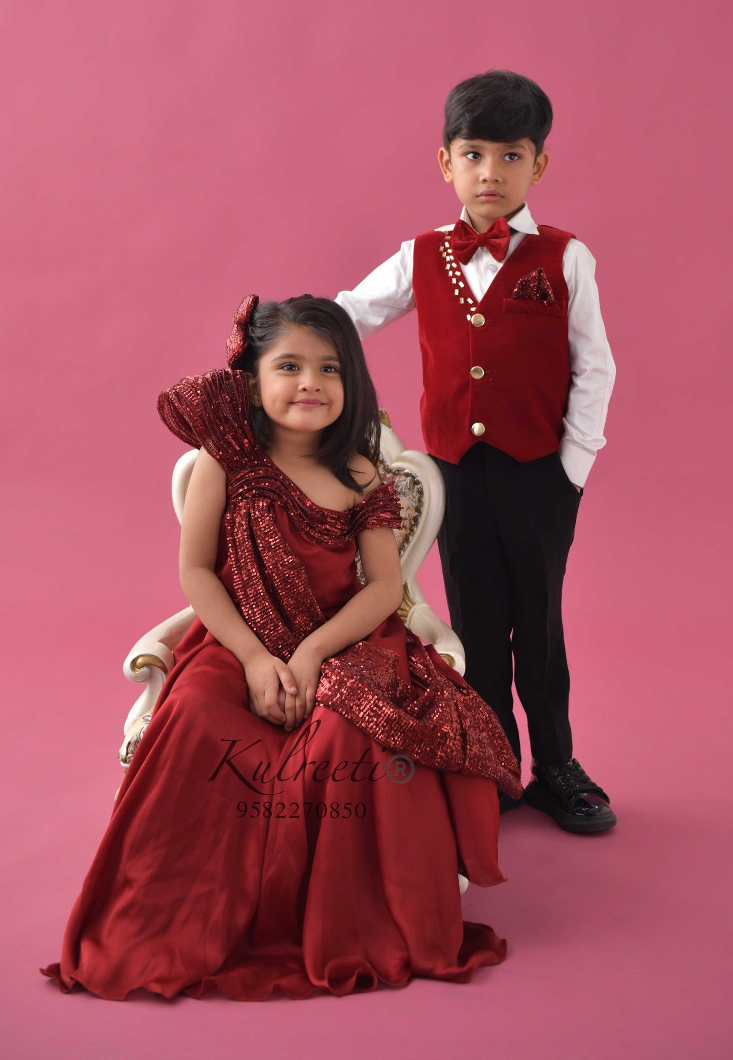 Maroon Chiffon Satin Gown Twinning for Mother/daughter/son(single or combo)