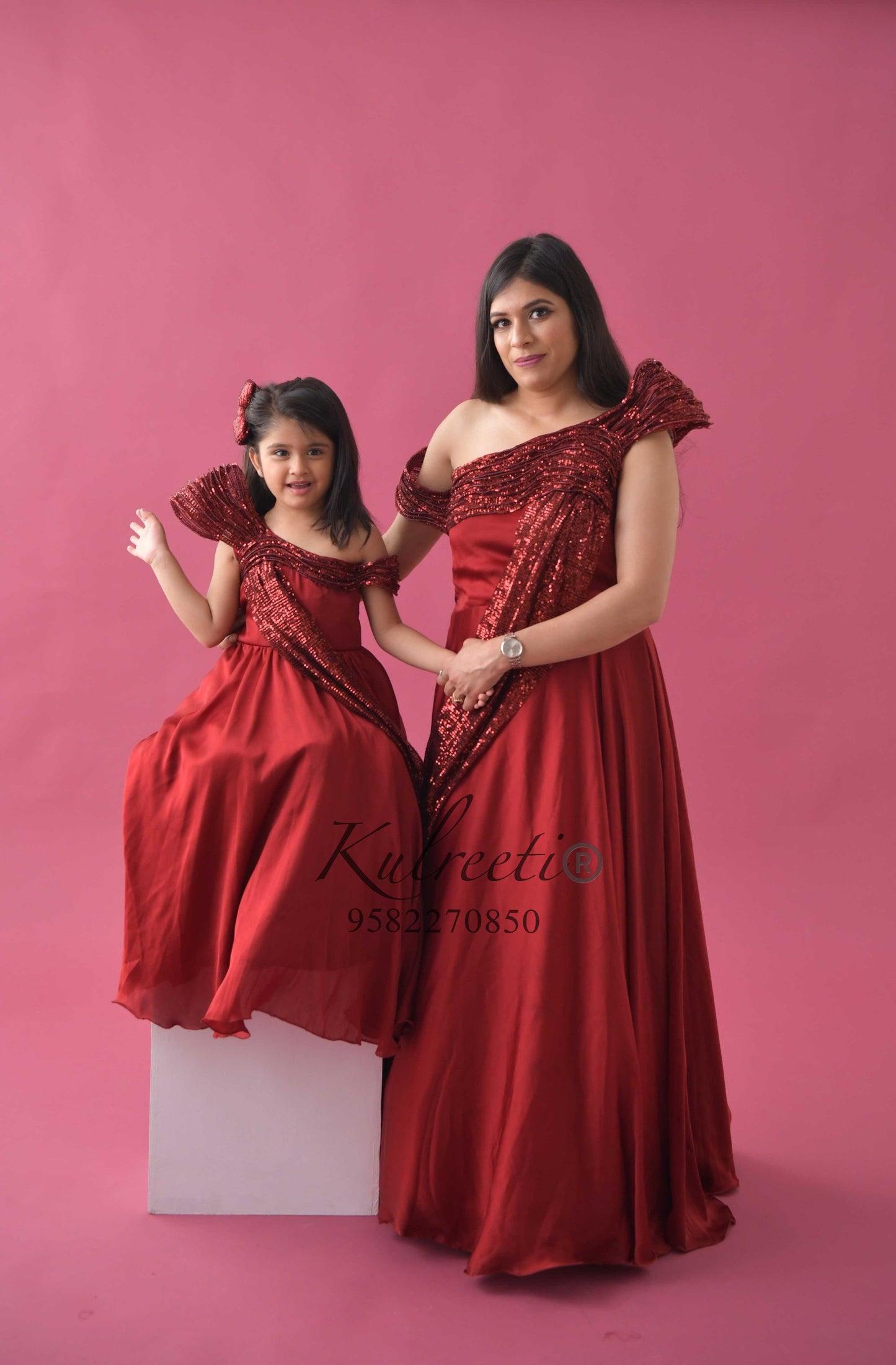 Maroon Chiffon Satin Gown Twinning for Mother/daughter/son(single or combo)