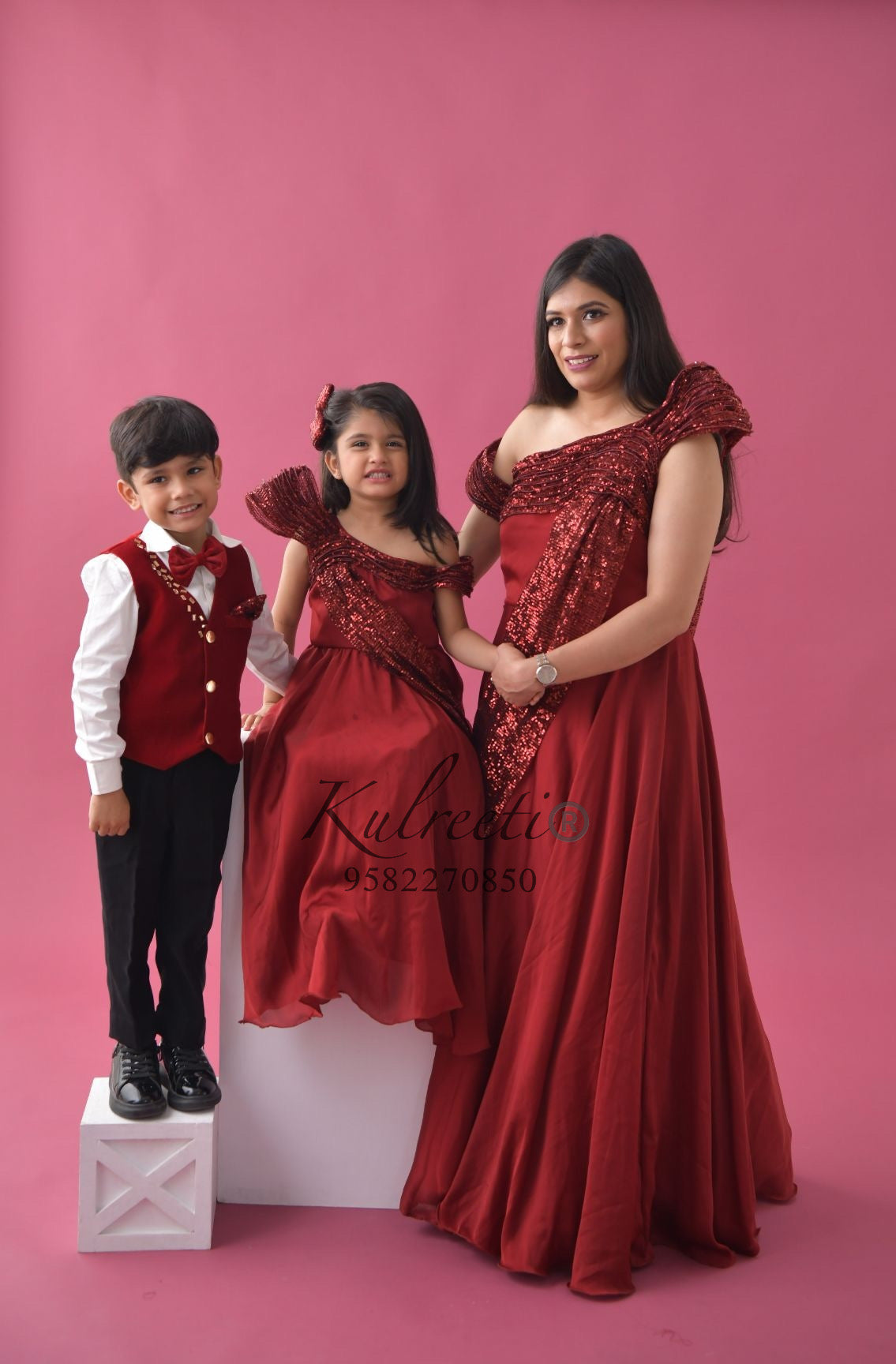 Maroon Chiffon Satin Gown Twinning for Mother/daughter/son(single or combo)