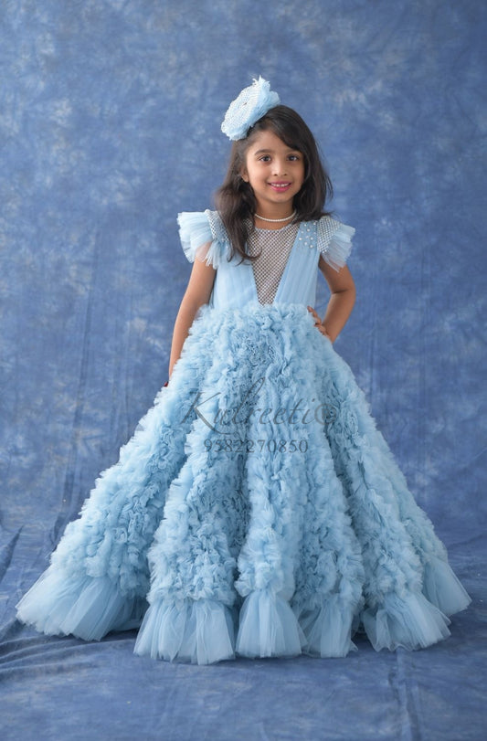 Powder blue multilayer frill  gown and hand embroidered top