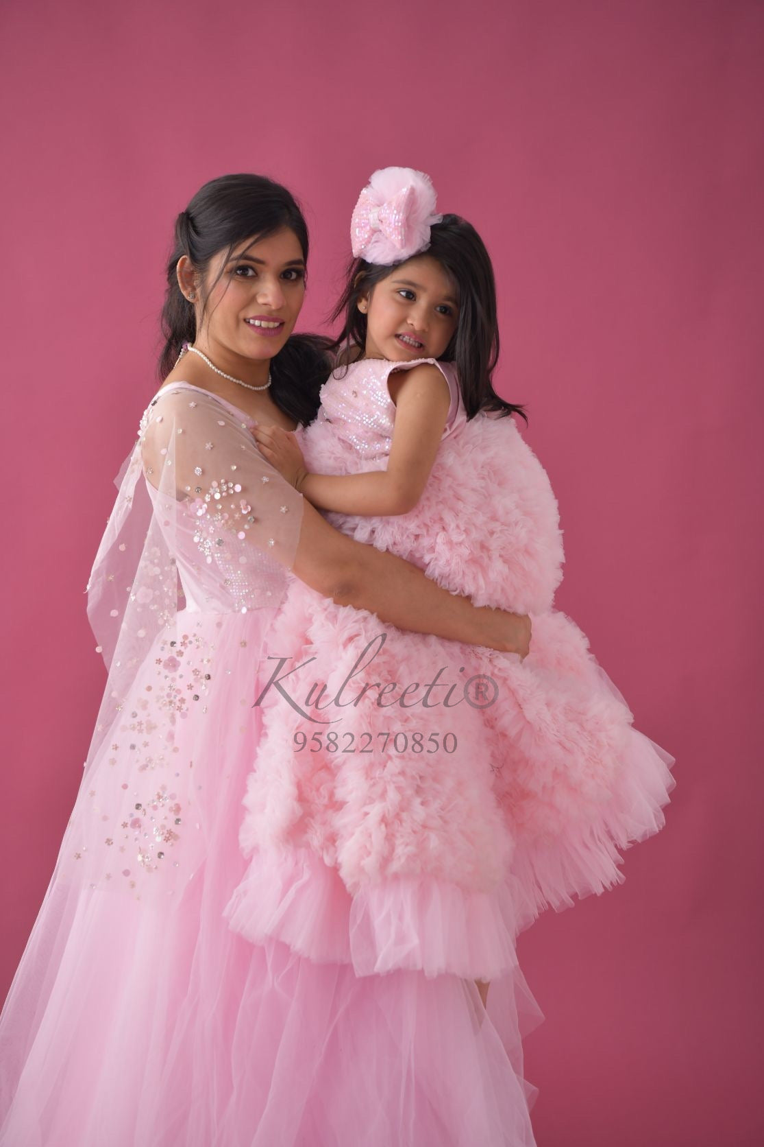 Baby pink Gown with Frill Twinning for Mother/Daughter/Son (Single or Combo)