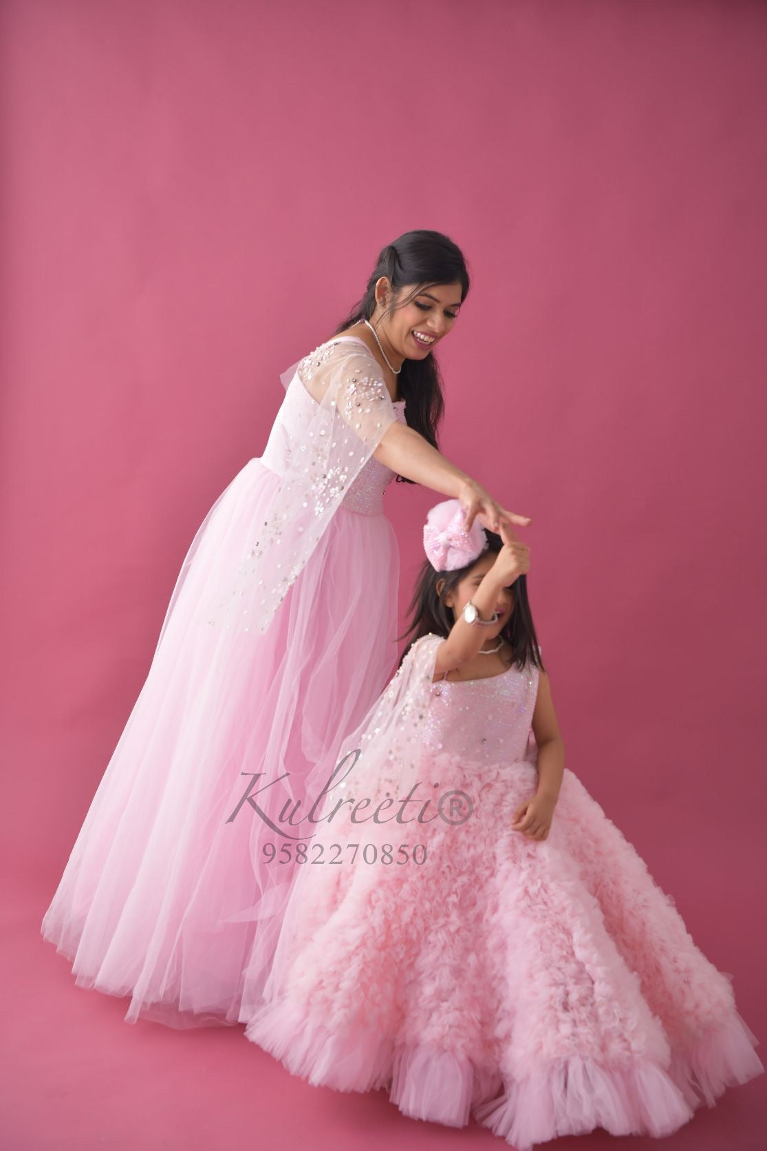 Baby pink Gown with Frill Twinning for Mother/Daughter/Son (Single or Combo)