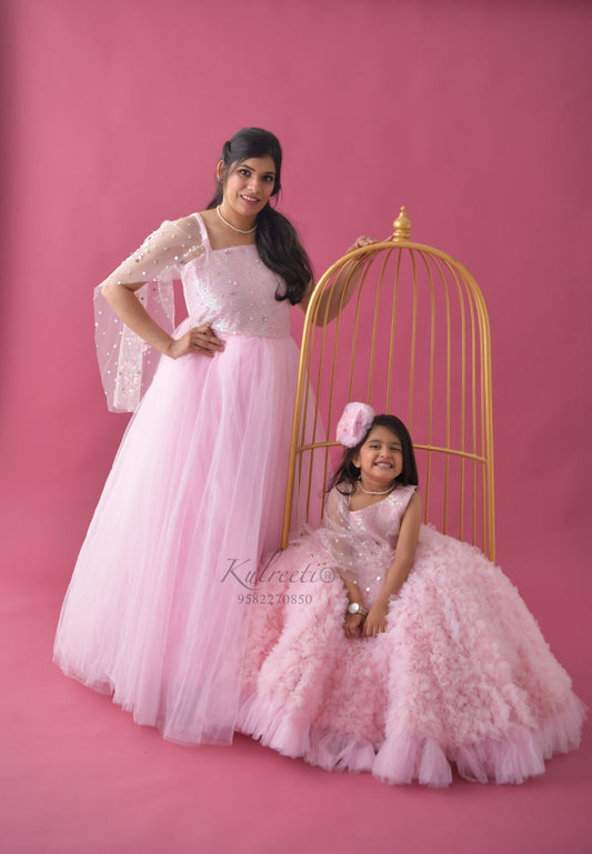 Baby Pink Gown Frill Twinning For Mother & Daughter