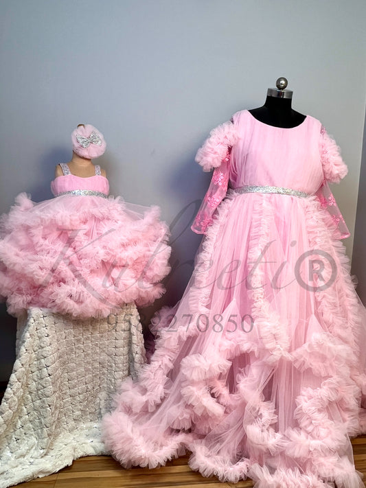 baby pink unique  Frill Twinning for Mother and Daughter (2 Pcs Combo)