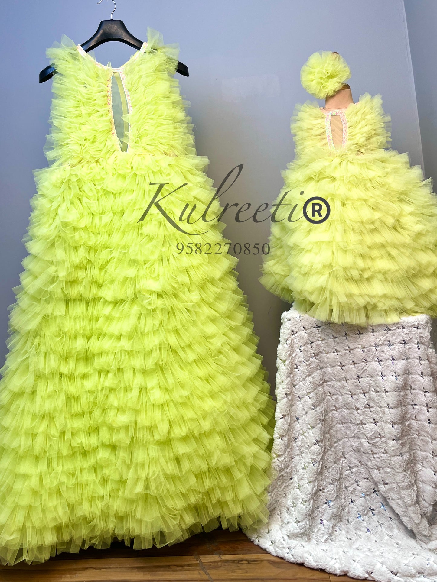 neon green multilayer gownTwinning For Mother & Daughter (2 Pcs Combo)