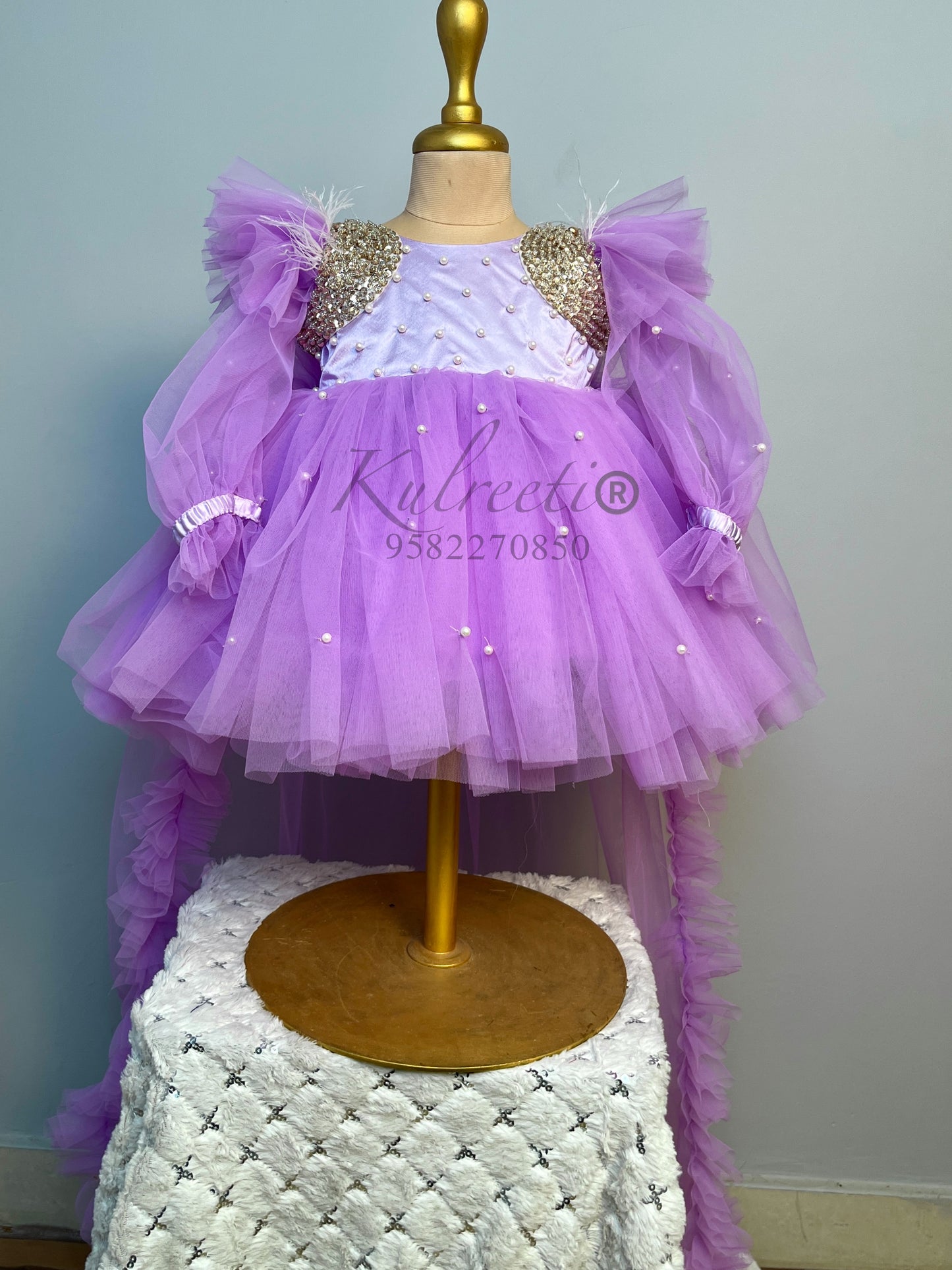 lavender color pearl dress with unique embroidered  shoulders