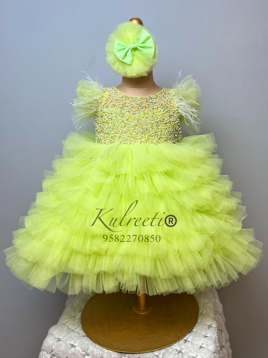 Neon Green  multi layer bottom Pearl Hand Embroidered Dress