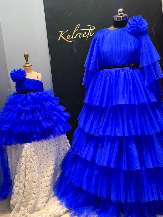 Royal Blue Frill Twinning for Mother & Daughter (2 Pcs Combo)