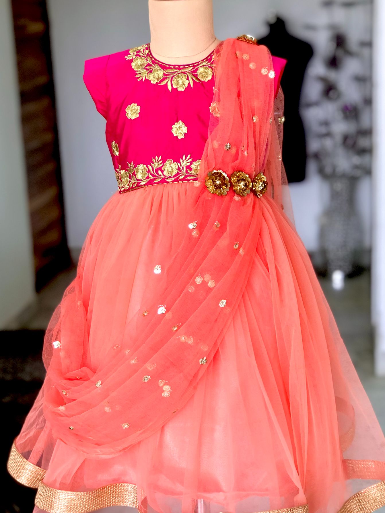 Pink Lehenga Embroidered Twinning  For Mother & Daughter (2 Pcs Combo)