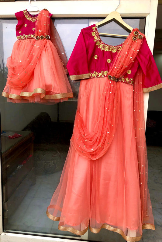 Pink Lehenga Embroidered Twinning  For Mother & Daughter (2 Pcs Combo)