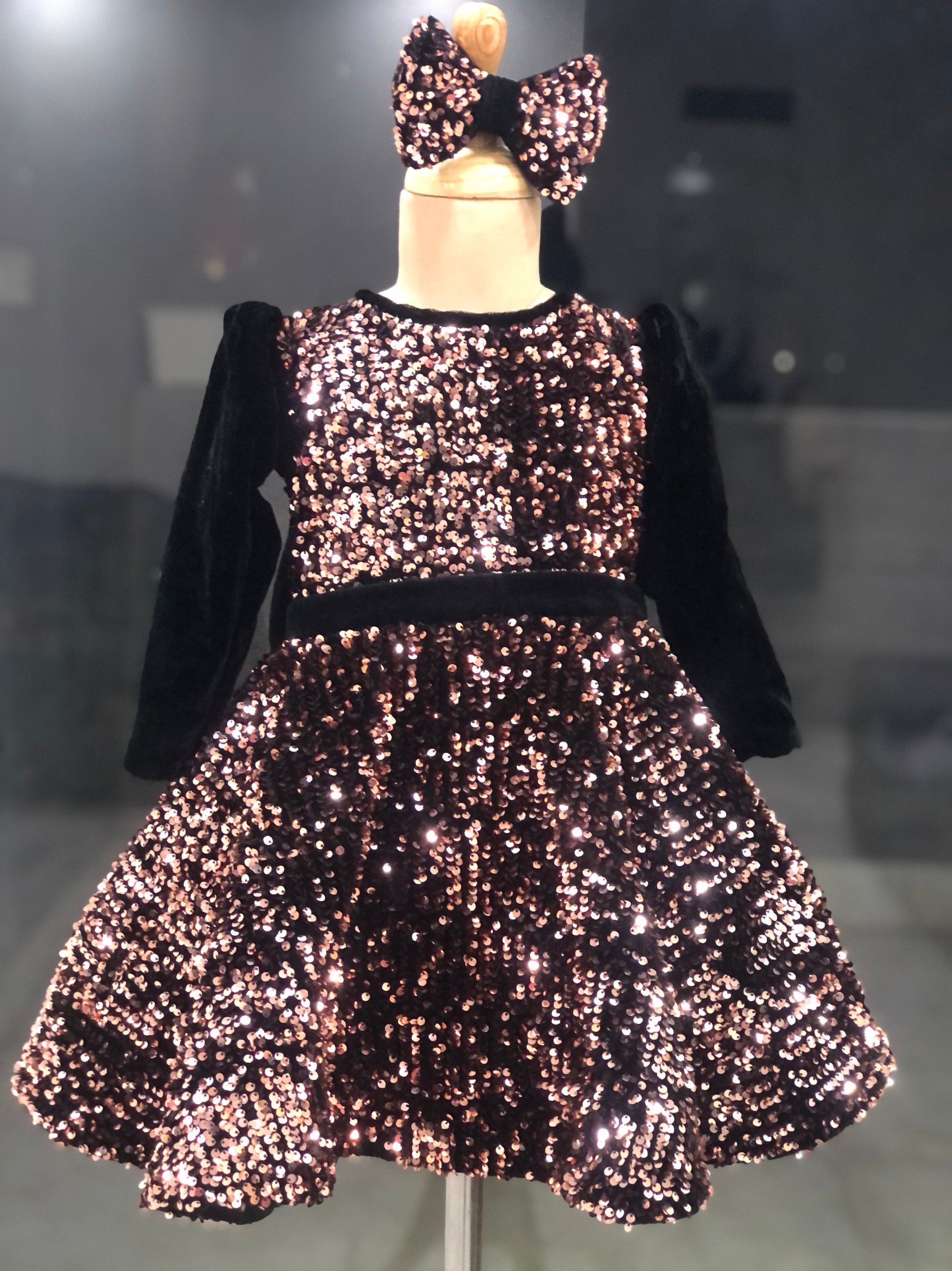 Rose Gold Velvet Sequin Frock With Black Velvet Bow Kulreeti Rose Gold Velvet Sequin Frock With Black Velvet Bow Kulreeti