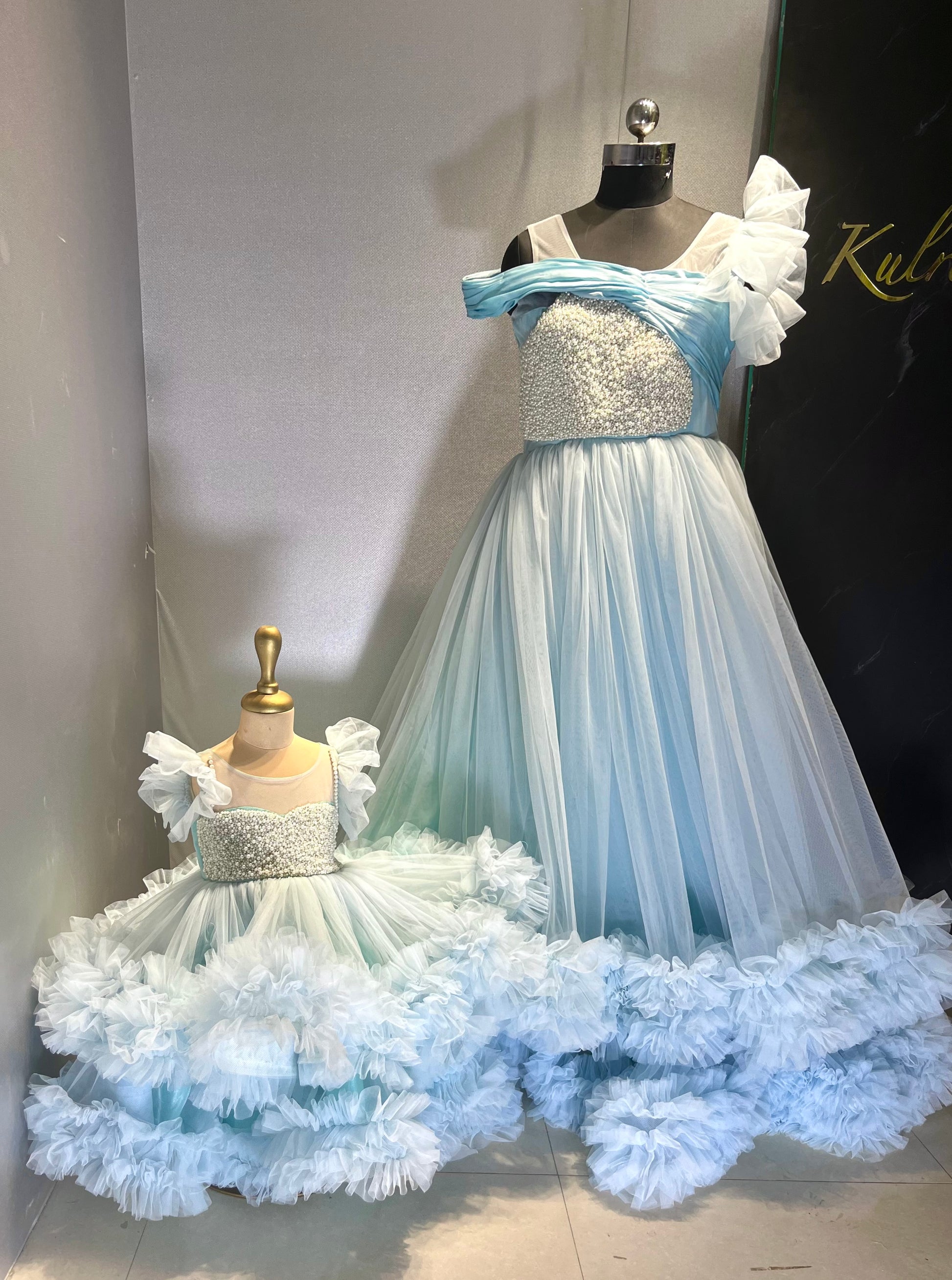 LUXE~ Pearl Hand Embroidery Gown With Full Flair Frills For Mother & Daughter Kulreeti LUXE~ Pearl Hand Embroidery Gown With Full Flair Frills For Mother & Daughter Kulreeti