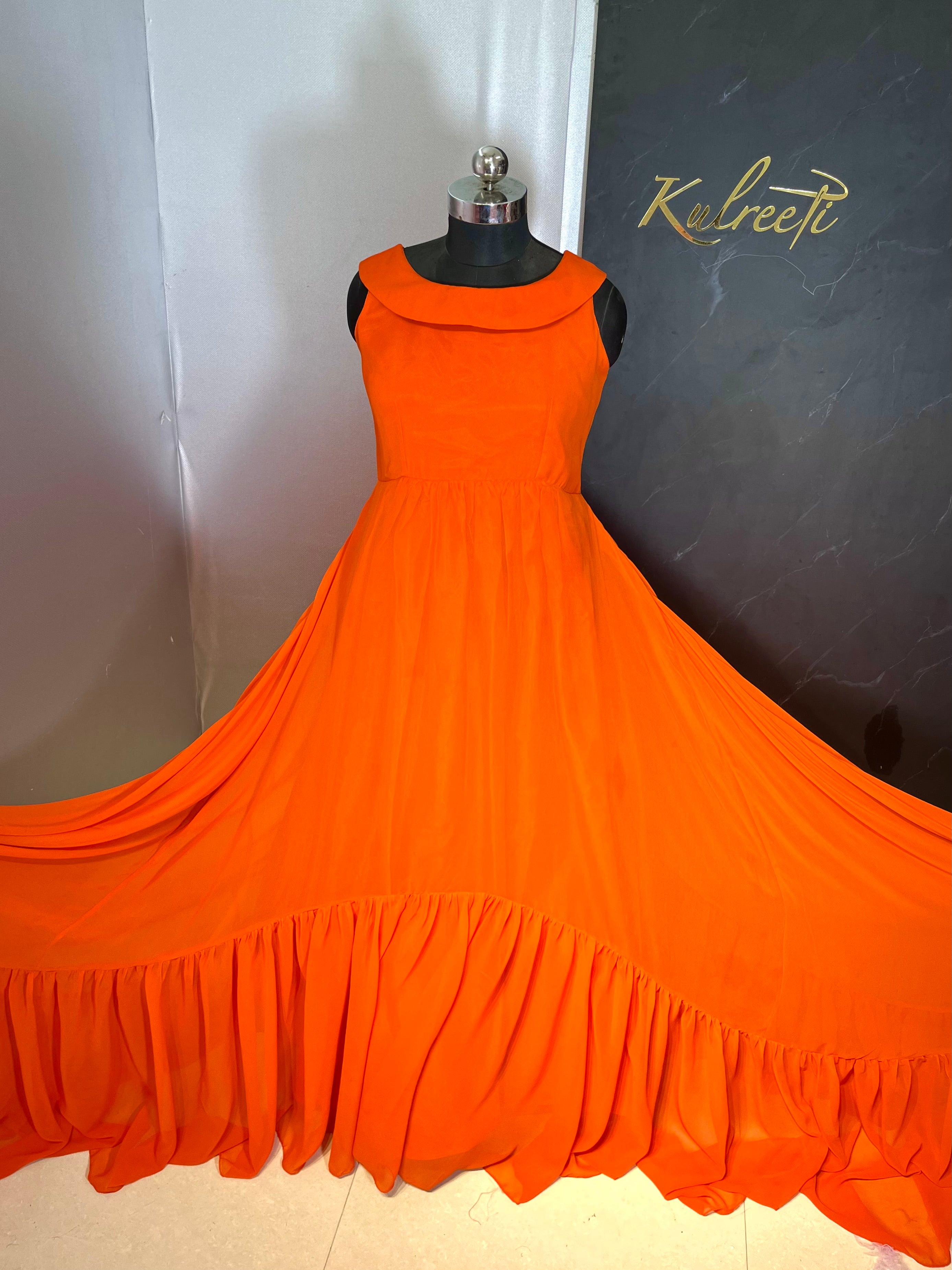 Printed Orange Georgette Long Gown at Rs 599 in Surat | ID: 26529650912