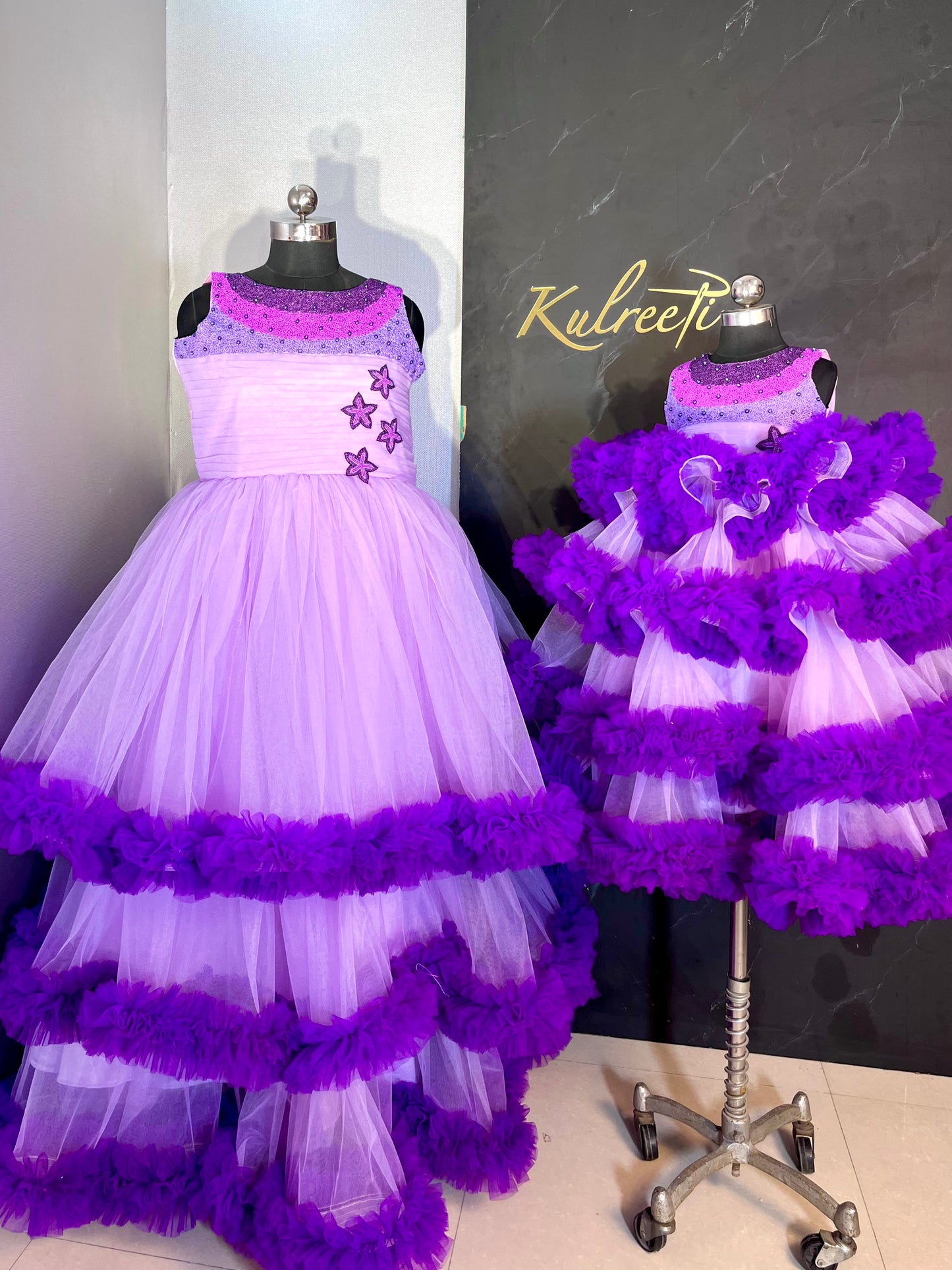 Multi Layer Frill Lavender and Dark Purple Twinning for Mother & Daughter (2 Pcs Combo)