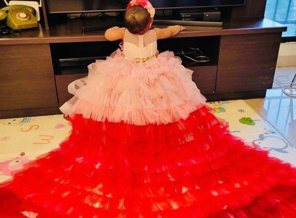 Peach Frill Gown with Koti - Evilato