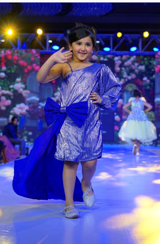 Sample Sale-metallic blue dress with big bow Size: 4-5Y & 5-6Y