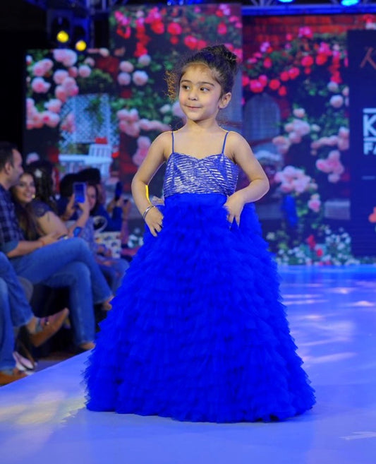 Sample Sale-metallic blue dress with multi layer net frills Size: 3-4Y & 4-5Y