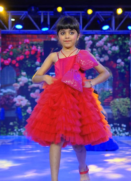 Sample Sale-cherry red big sequin bow with multi layer net frills Size: 5-6Y & 6-7Y