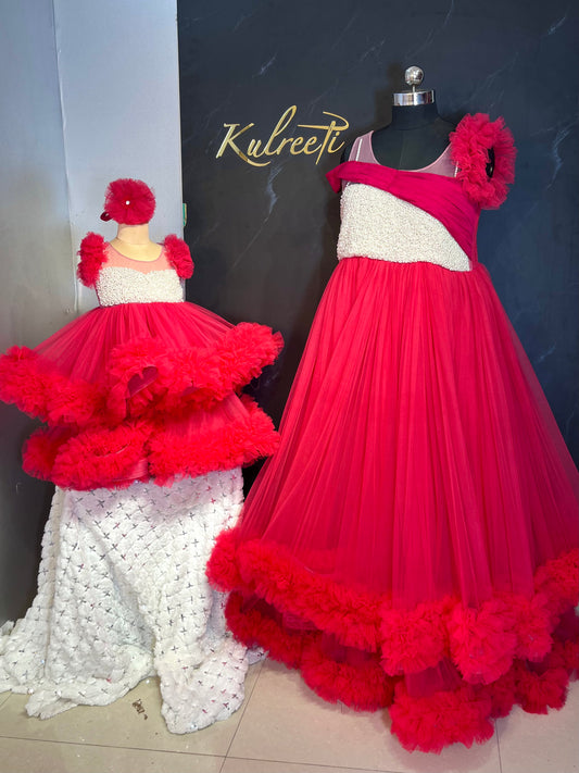 Red Twinning With Pearl Hand Embroidery & Full Flair Frills for Mother & Daughter (2 Pcs Combo)