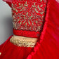 red hand embroidered blouse with unique style lehenga