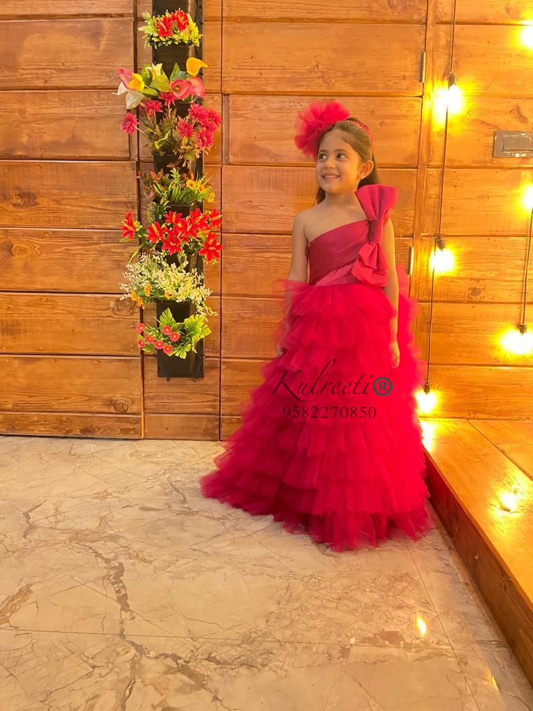 Hot Pink Frill Gown With Side Bow