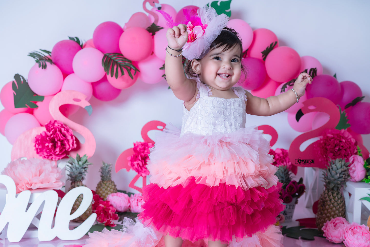 Flamingo Theme Dress For Baby with detachable trail 6-12M / Custom Flamingo Theme Dress For Baby with detachable trail 6-12M / Custom
