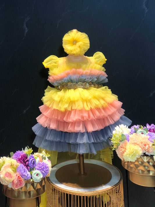 Multi Color Frill Dress With Trail